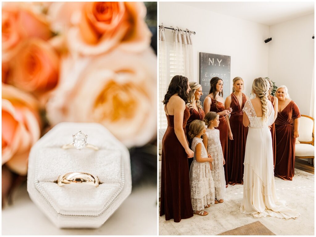 Image set featuring a bride in the getting ready room with her bridesmaids and family, and a close-up of a solitaire engagement ring in a white velvet box surrounded by fall-colored roses.