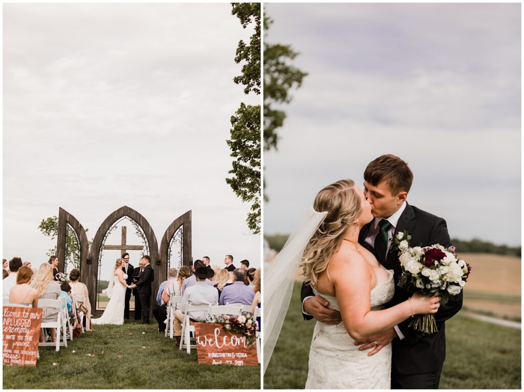 Bride and groom share a first kiss during their fall ceremony.