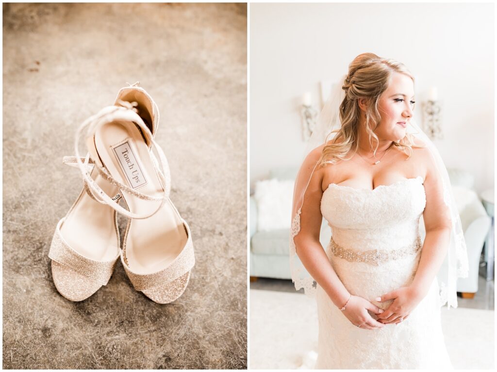 Bride and her wedding shoes while getting ready in the bridal room at Ruby Cora.