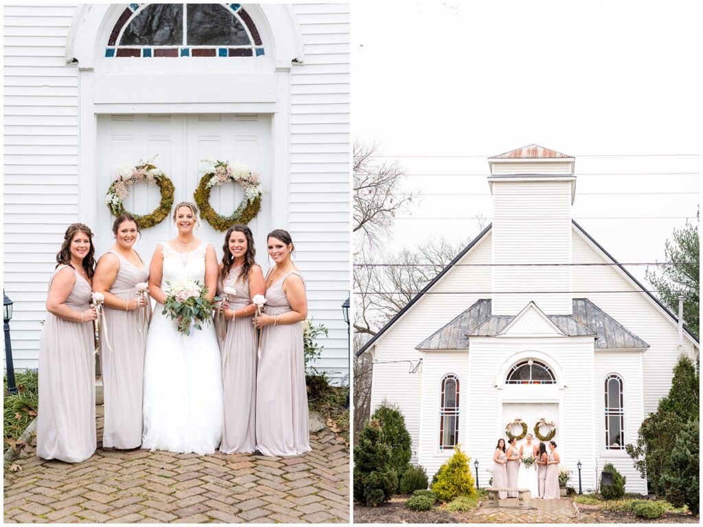 Magnolia Country Chapel exterior featuring a bride and her bridesmaids wearing neutral fall dresses