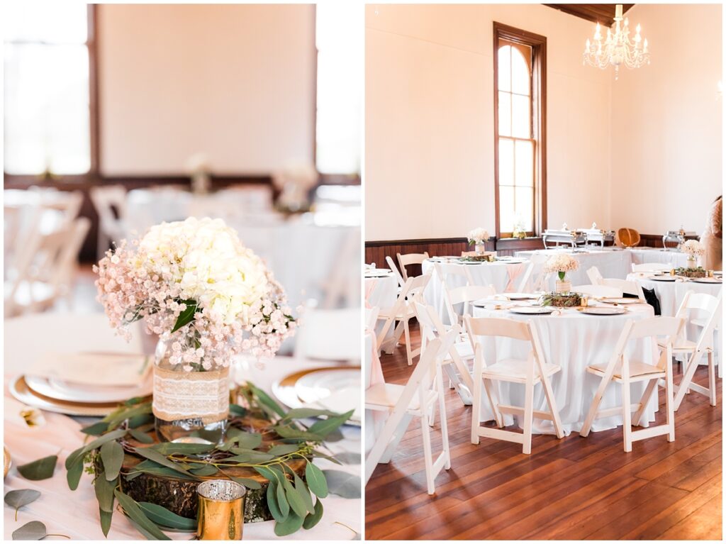 Neutral fall wedding reception decor inside Magnolia Country Chapel in Adams, Tennessee